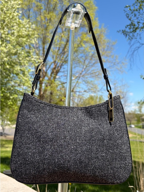 Handbags - Vintage COACH Wool Hobo Small Charcoal Grey Black Leather 8308 EUC